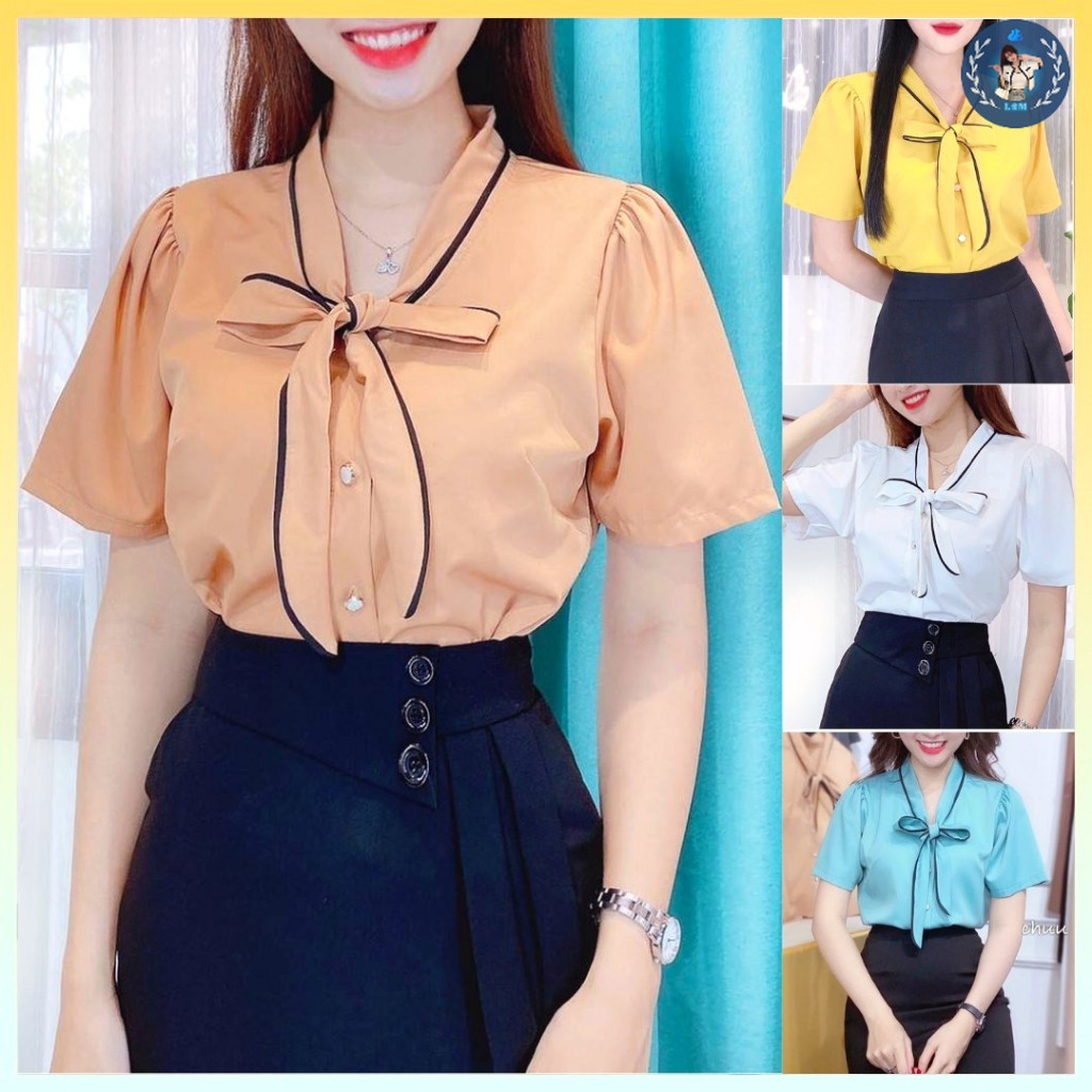 💥[HĐT] Áo sơ mi kiểu nữ PHỐI VIỀN NƠ CỔ tay ngắn thanh lịch và sang trọng - L2M