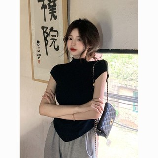 Yuewen Ngọt Cay Không Đều Cảm Giác Mỏng Hơn Nhìn Ngắn Tay Áo Thun Dệt Kim Top Nữ Độc Đáo T