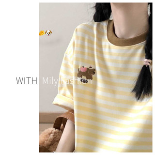 Milyfashion  Cheese Yellow Cute Puppy Striped Short Sleeve Women's Contrast Color Loose Casual Summer2024All-matching youthful-lookingTShirt Top