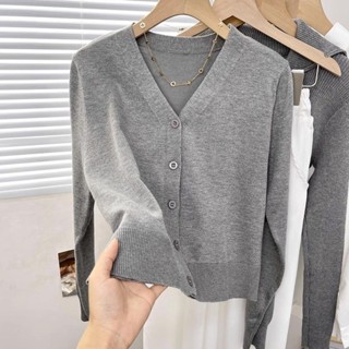 YAYUAN Ngắn đan cardigan nữ dài tay áo màu xám