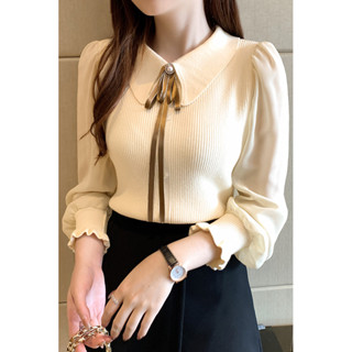  Áo Len Nữ Mặc Ngoài Mùa Xuân Thu 2023 Phong Cách Mới Ôm Phù Hợp Với Đáy Áo Sơ Mi Búp Bê Cổ Voan Đèn Lồng Tay Khâu Đan 