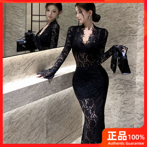 Còn hàng ~ Váy liền dài tay ren cổ chữ V kiểu Pháp váy dài vừa ôm hông ôm eo màu đen hơi mờ thuần khiết cho nữ đầu thu