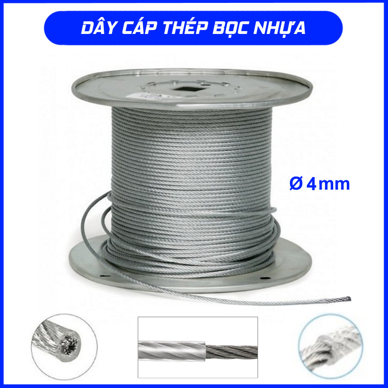 DÂY CÁP THÉP BỌC NHỰA, CÁP LỤA BỌC NHỰA, CÁP MẠ KẼM BỌC NHỰA PVC PHI 4mm ( 4 Ly )