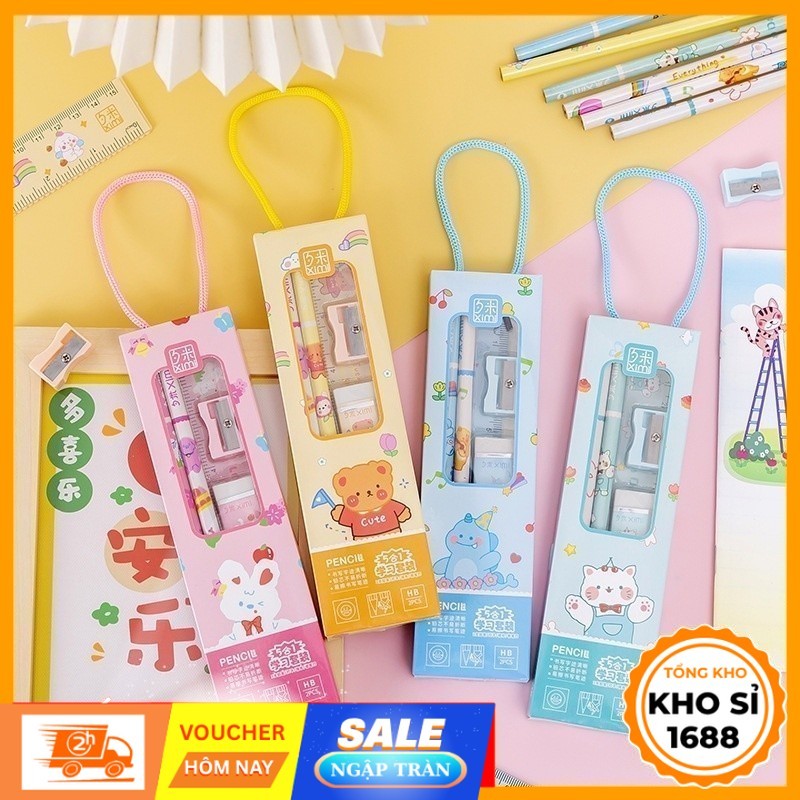 Hộp quà 5 chi tiết cute (có dây) quà tặng học sinh - set quà tặng dụng cụ học tập giá rẻ E1422