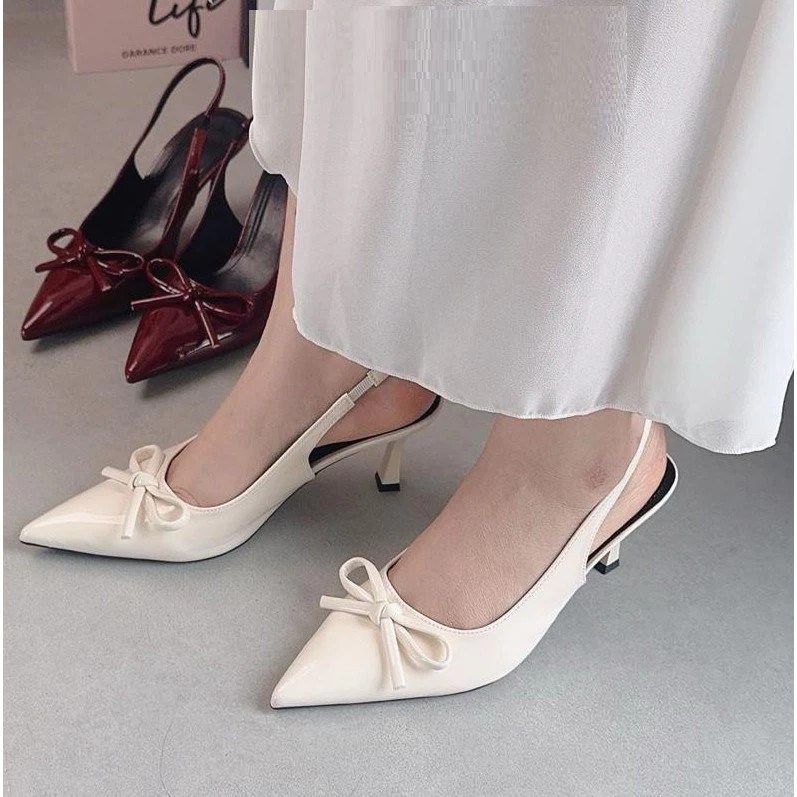 WINDY SHOES - Giày cao gót mũi nhọn phối nơ da bóng mềm 7p hàng cao cấp full hộp CG-0722