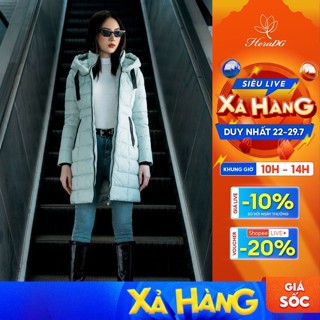 Áo Khoác Phao Nữ Dáng Dài HeraDG Màu Xanh Có Mũ Chần Ngang Phối Khóa Đen, Vải Gió Chống Nước Chống Bám Bụi WJKBA12