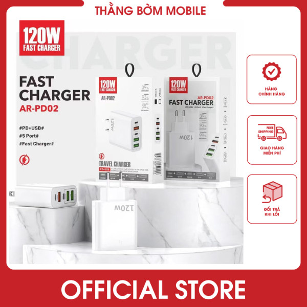 Cốc Sạc Nhanh Travel Charger 120W GaN 5-Port Fast Charger Set ( 3 USB + 2 Type C), bảo hành 3 tháng