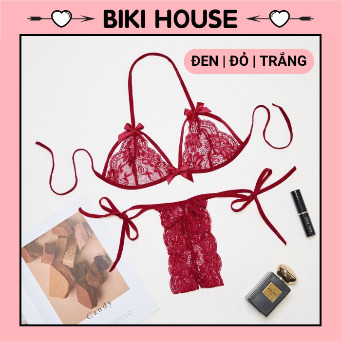 Đồ lót sexy ren hoa xuyên thấu gợi cảm cột dây quyến rũ set nội y nữ phối nơ đen đỏ trắng cuốn hút BIKI HOUSE T350 - HCM | BigBuy360 - bigbuy360.vn