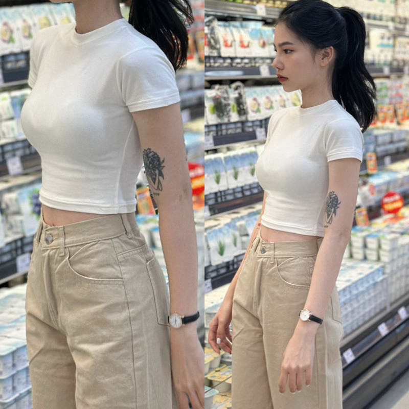 Áo Croptop Tay Ngắn Cồ Tròn Thun Trơn Basic YUMI BÁN SỈ