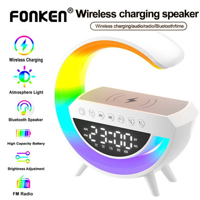 Fonken 6 trong 1 Đa Năng Nhiều Màu Sắc Thay Đổi Ban Đêm Loa Blueotooth Trạm Sạc Không Dây RGB 13 Chế Độ Ánh Sáng Đèn Đồng Hồ Báo Thức