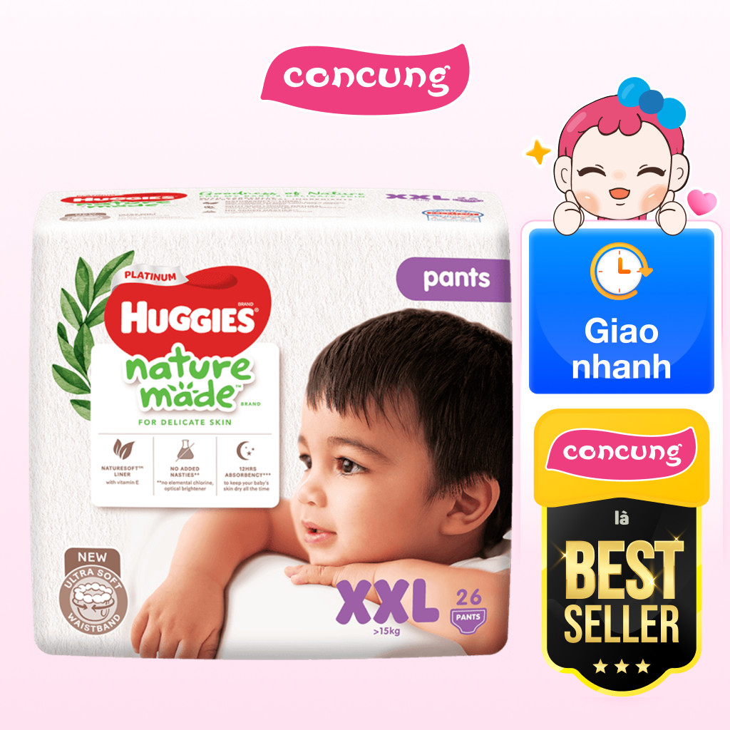 Tã quần siêu cao cấp Huggies Platinum Nature Made XXL 26 miếng - concung