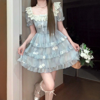 Váy Công Chúa Bồng Bồng Siêu Tiên Nữ Thêu Hoa Dáng Nhỏ Cổ Điển Kiểu Pháp Váy Liền Nơ Thắt Eo Mùa Hè Cho Nữ