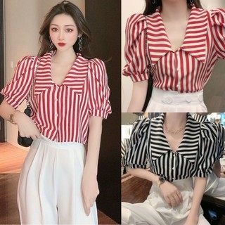Áo sơ mi tay phồng sọc cổ điển áo sơ mi ngắn tay mùa hè dáng rộng cho nữ áo sơ mi dáng ôm