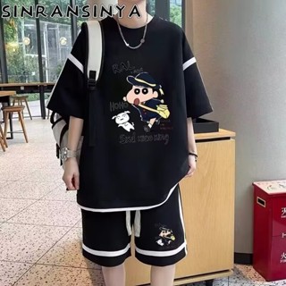 Sinransinya Bộ đồ thể thao nam mới có cảm giác sang trọng đường phố cổ điển kiểu Mỹ, thiết kế in hình tương phản Crayon Shin chan, quần short thời trang trẻ trung phong cách bánh quế rộng rãi