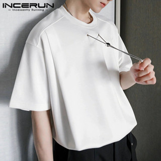 Incerun Nam Hàn Quốc Dây Xích Viền Cổ Tròn Màu Trơn Áo Thun Tay Ngắn