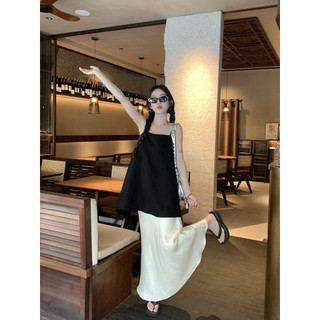 Bộ đồ thời trang áo hai dây vải sa tanh màu đen váy cá tính cho nữ váy dài hai mảnh thời trang Hàn Quốc mùa hè màu trơn