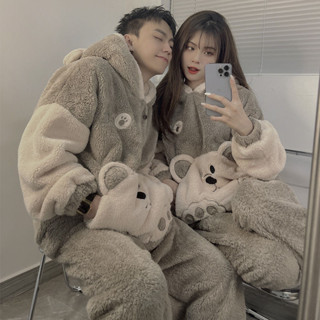 San Hô Lông Cừu Cặp Đôi Bộ Đồ Ngủ Nữ Thu Đông Dày Plus Lông Cừu Mùa Đông Nam Flannel Set Loungewear