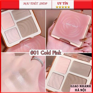 Bảng Phấn Bắt sáng Sweet Mint Tạo Khối Má Hồng 4 màu có gương, Hiệu Ứng Lì 3D Độ Bóng Cao