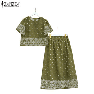 Zanzea Nữ Hàn Quốc Cổ Tròn Tay phồng In Hình Dây Thắt Lưng Co Giãn Rời Áo & Váy