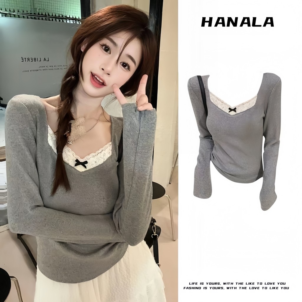 Áo coquette tay dài Áo Croptop Dài Tay Áo brandy Áo Kiểu Nữ Áo Thun Tay Dài Phối Ren Ôm Dáng Thời Trang Thu Đông Cho Nữ