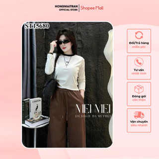 Set đồ nữ áo thun trắng dài tay in chữ Miu Miu phối quần màu nâu dài ống rộng có dây rút HONG MAI TRAN ST15680