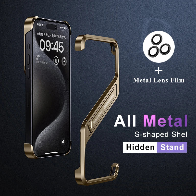 Ốp Điện Thoại Không Vành Hình Học Kim Loại Hình Chữ S Cho iPhone 14 15 16 Pro Max 16ProMax Hợp Kim Nhôm Ẩn Chân Đế Bao Funda