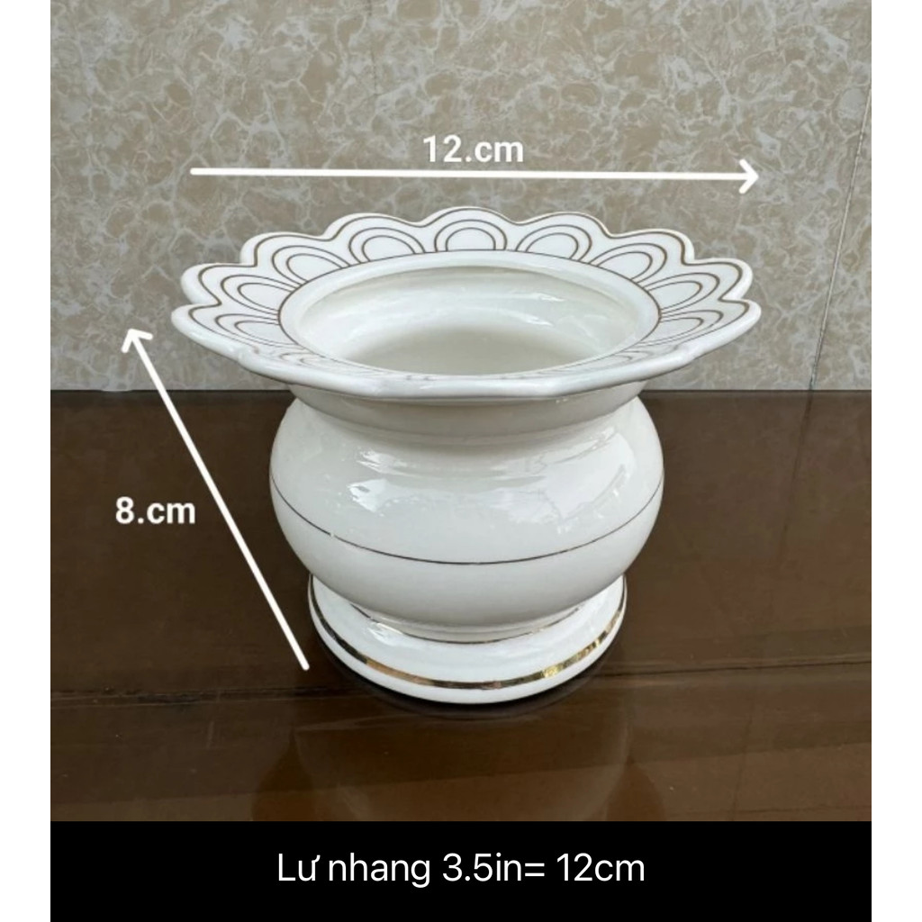 Lư Hứng Nhang Thuộc Bộ Thờ Cúng Men Sứ Đá Trắng Viền Bạc