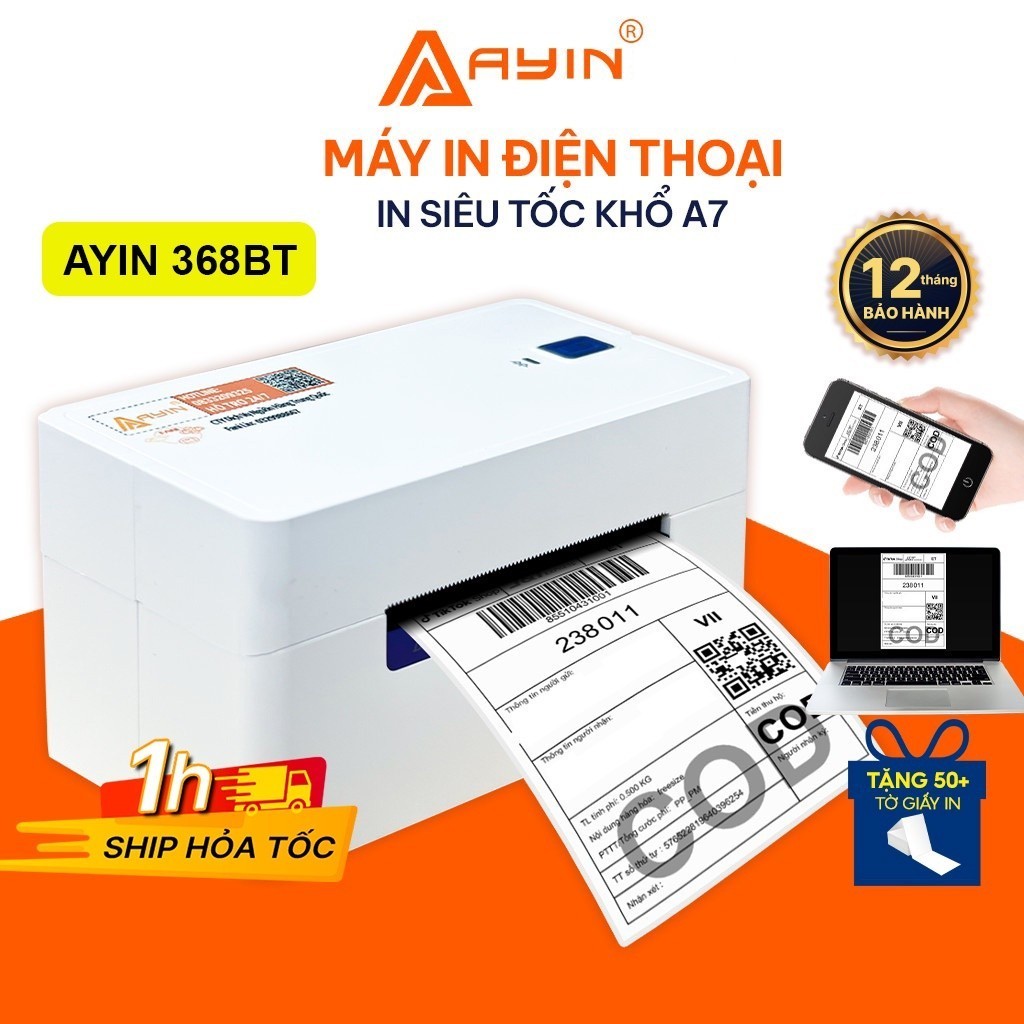 Máy in đơn hàng qua điện thoại 368BT, in nhiệt AYIN in đơn hàng mã vận đơn, mã vạch, phiếu gửi hàng,
