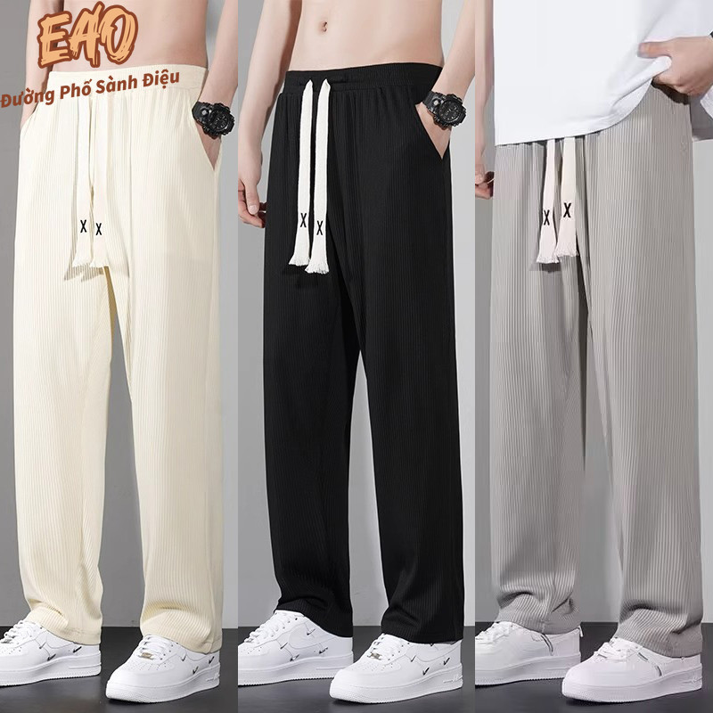 Sweatpants nam Ice silk phong cách Hàn Quốc, màu đen kaki, thoáng khí, phù hợp mặc hàng ngày
