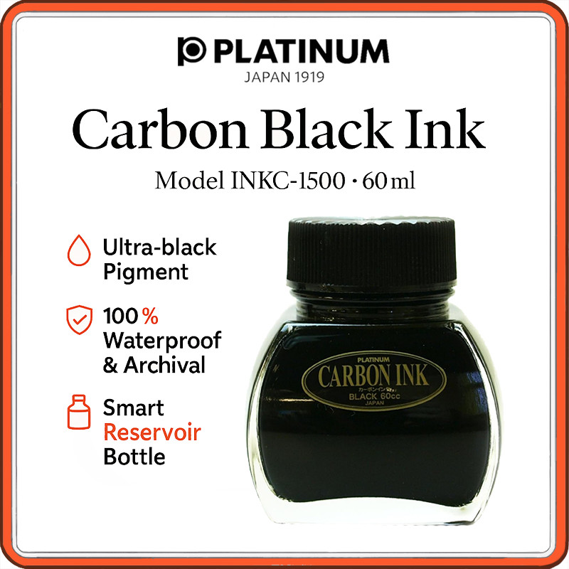 Platinum Carbon Black Ink INKC-1500 60 ml – Ultra-Black Pigmented Fountain-Pen Ink, Waterproof & Arc