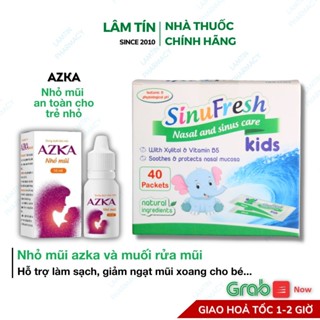 Combo Azka nhỏ mũi giảm ngạt và Muối SinuFresh kids rửa mũi xoang cát linh cho trẻ em Hộp 40gói