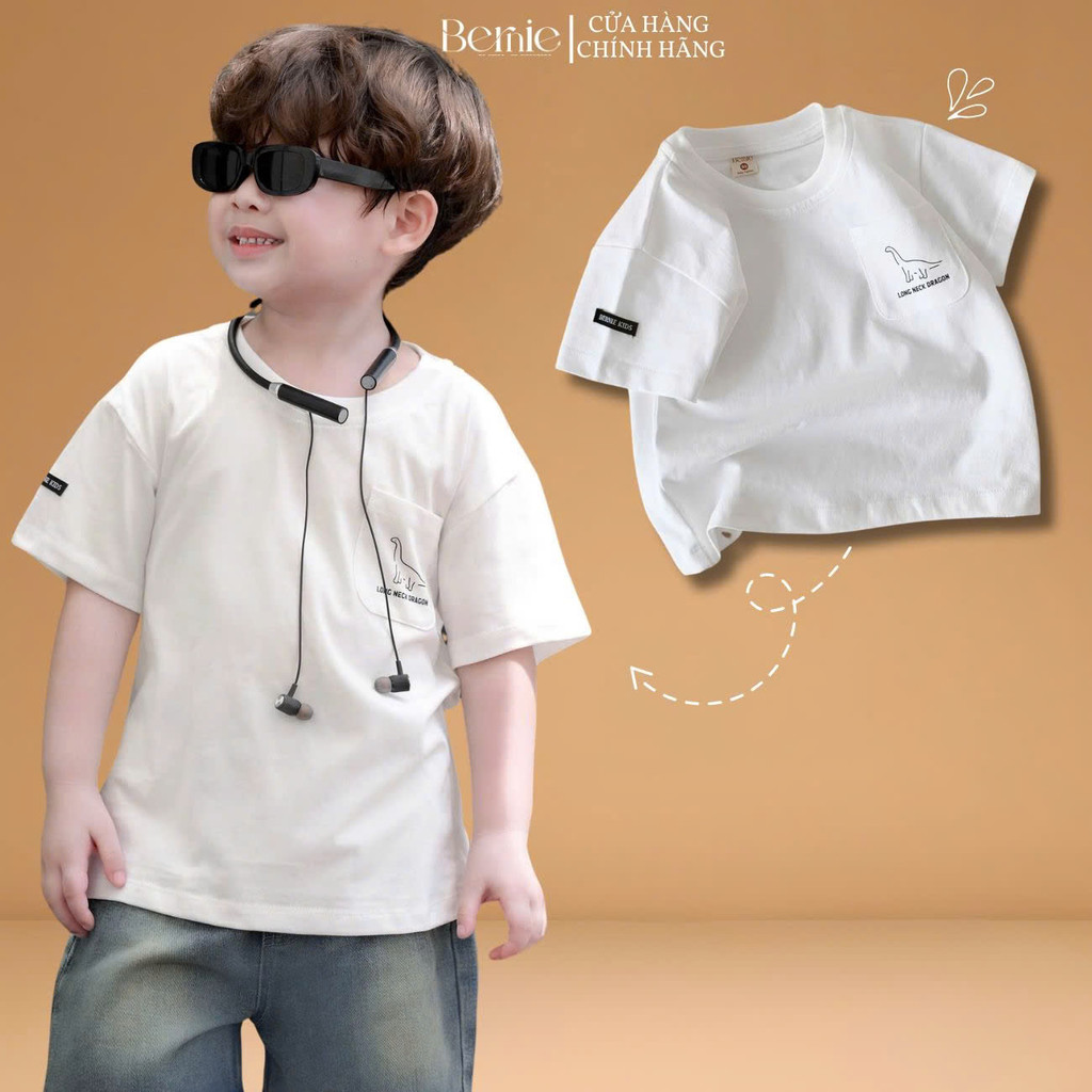 Áo thun tay ngắn đính tag phối túi ngực họa tiết khủng long bé trai size 9 tới 28kg BERNIE T0725A56