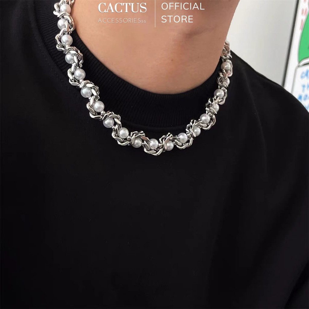 Dây Chuyền Nam Titan Không Gỉ Cactus Accessories Ngọc Trai Phối Xích Cuban, Vòng Cổ Nam Cá Tính