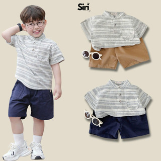  Set bộ sơ mi cổ trụ kẻ ngang phối túi viền kèm quần short kaki cho bé trai 9 đến 28kg SIRI H1124B65 