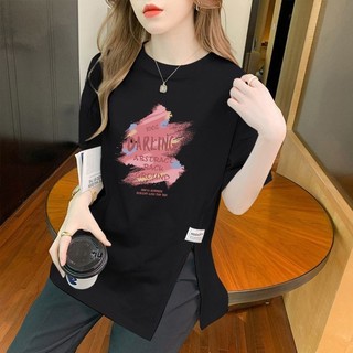 [Hàng có sẵn] [Cotton] Vải Cotton chất lượng cao Phong cách mới Áo thun Cotton dài vừa phải phiên bản Hàn Quốc dáng rộng xẻ tà Áo thun ngắn tay giảm tuổi cỡ lớn