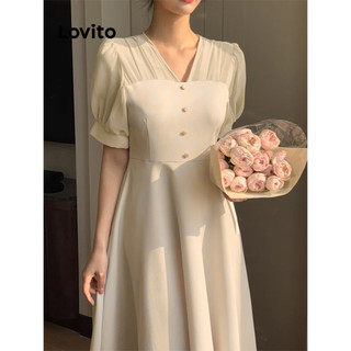 Đầm Lovito đính nút màu trơn phong cách thường ngày cho nữ L91AD307