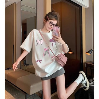 Áo thun nữ form rộng Bow ngắn tay áo mùa hè nhỏ ngọt ngào hàng trăm đầu thời trang