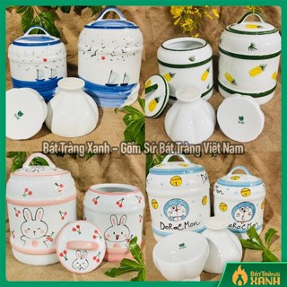 Vại Muối Dưa Cà, Hũ Đựng Gạo Muối/Đường/Đồ Khô Hoạ Tiết Vẽ Tay Gốm Sứ Bát Tràng Cao Cấp, Bát Tràng Xanh