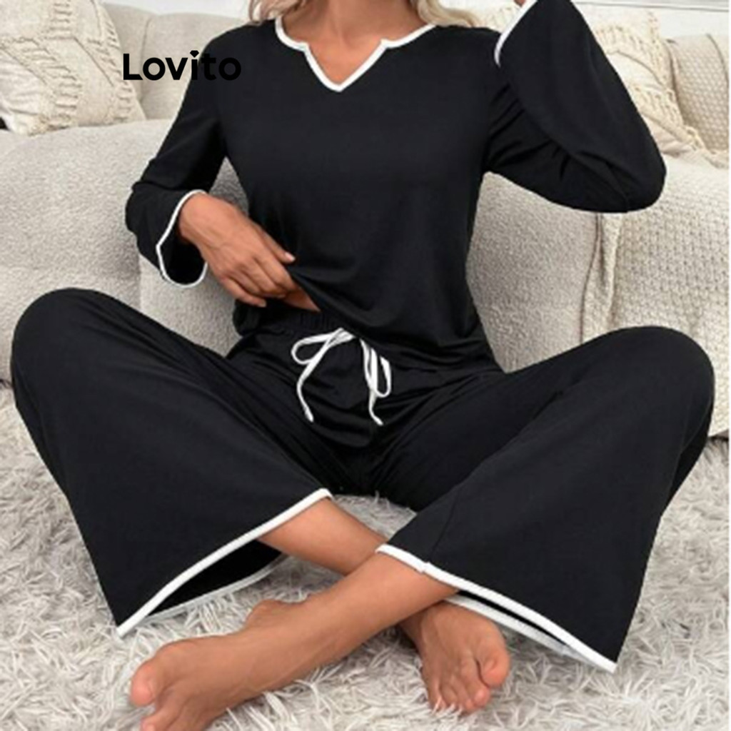 Set đồ ngủ Lovito buộc dây màu trơn phong cách thường ngày dành cho nữ LNL57400