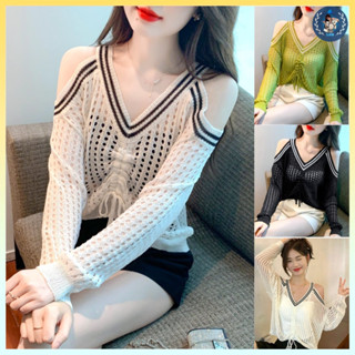 [A206] Áo len LƯỚI dệt kim Montoghi KHOÉT HỞ VAI viền cổ thuyền tay dài phối dây đi biển xinh - L2M