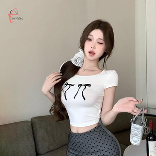 Shngki Mùa Hè Ngọt Nơ In Áo Thun Nữ Cổ Tròn Tay Ngắn Ôm Crop Top MNS