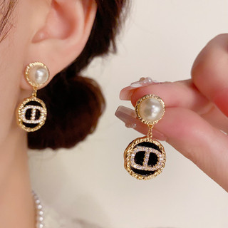 S925 Bạc Kim Thời Trang Pháp Chữ Đen Ngọc Trai Bông Tai Cao Cấp Tinh Tế