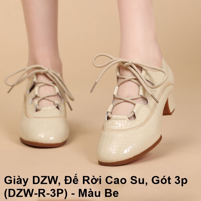 Giày DZW Khiêu Vũ Dancesport, Đế Rời Cao Su, Gót 3p (DZW-R-3P) - Màu Be (Tặng Túi Đựng Giày)