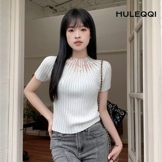 HULEQQI Áo thun ngắn đính đá Terylene thời trang nữ