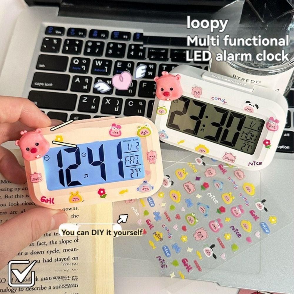 Đồng hồ báo thức DITIPOO Loopy, Đồng hồ kỹ thuật số LED đa chức năng hoạt hình, có đèn ngủ Phòng ngủ Mini Đồ trang trí đầu giường Đồng hồ để bàn