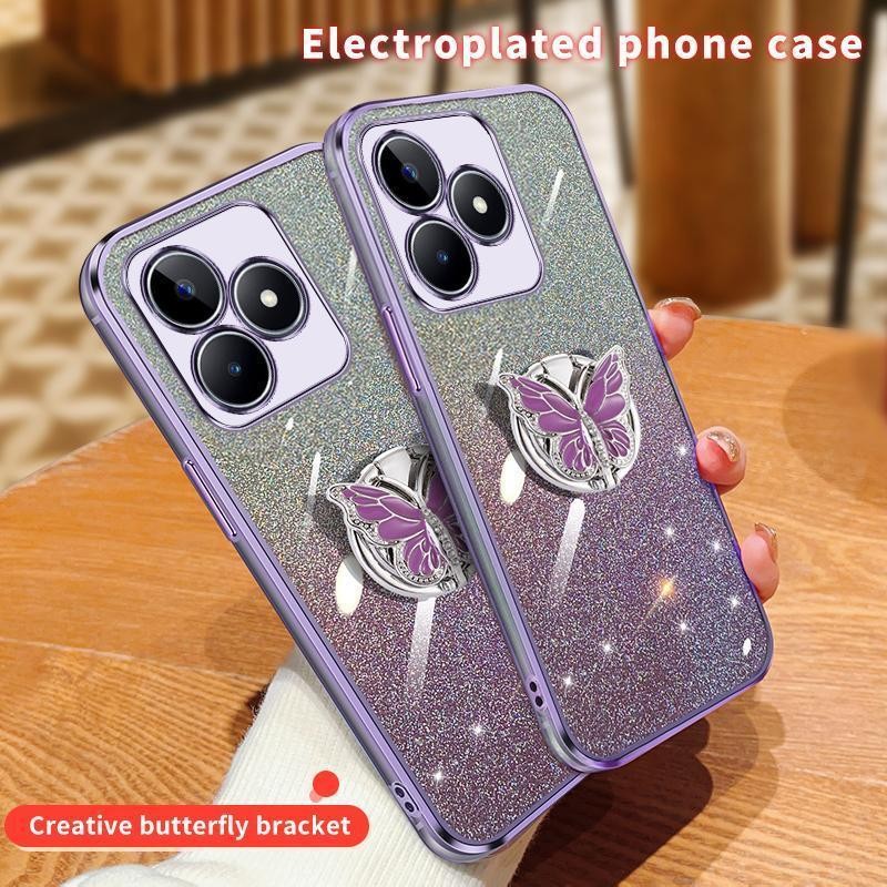 Dành Cho Realme C65s RealmeC65s Ốp Lưng Silicon Mềm TPU Mạ Bling Bướm Giá Đỡ Ốp Lưng Vỏ Điện Thoại