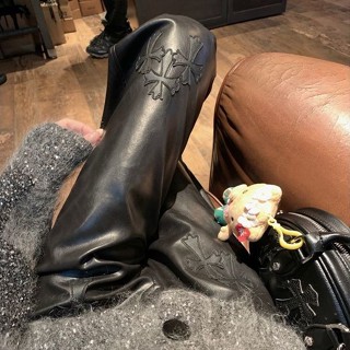 Đen Hot Girl Thời Trang Phù Hợp Với Tất Cả Trận Đấu Quần Da Nữ Plus Size Béo mm Niche Thiết Kế Chữ Thập Mỏng Hơn Nhìn Thẳng Quần