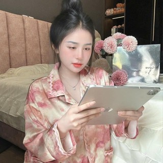 Mã A20- Pijama dài tay lụa hoạ tiết loang hồng cho nữ- Bộ ngủ lụa mặc nhà hàng quảng châu cao cấp