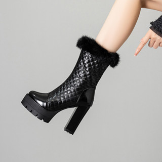 Giày bốt trắng cỡ 34-48 bốt da gợi cảm Âu Mỹ Bốt ngắn gót cao gót đế dày bốt nữ cỡ lớn chống thấm nước