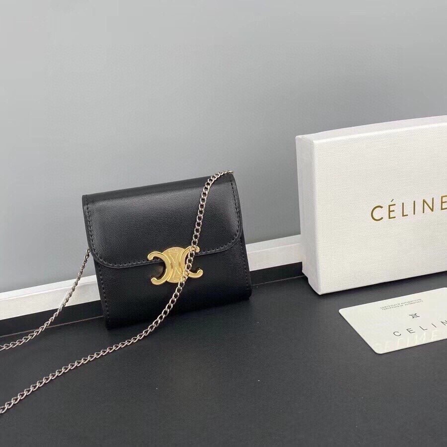 [Túi sang trọng] Celine _ Triomphe Series Ví ba mặt màu đen có dây chuyền + Hộp miễn phí (EL100-0)